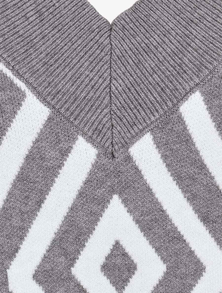 Pull imprimé losanges à col V - Gris - 3
