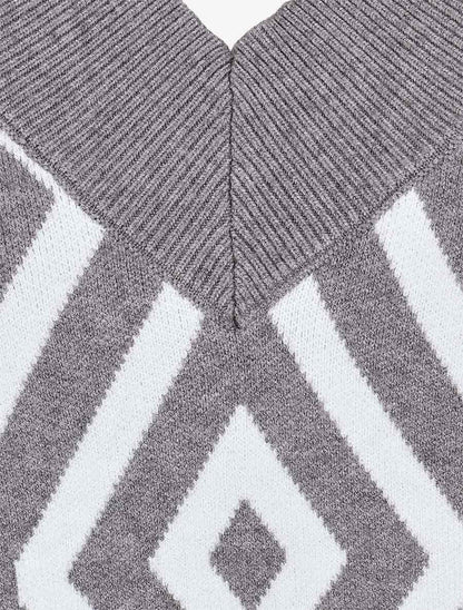 Pull imprimé losanges à col V - Gris - 3