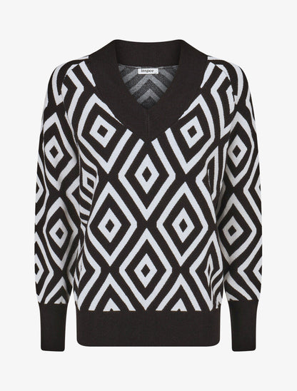 Pull imprimé losanges à col V - Noir - 4
