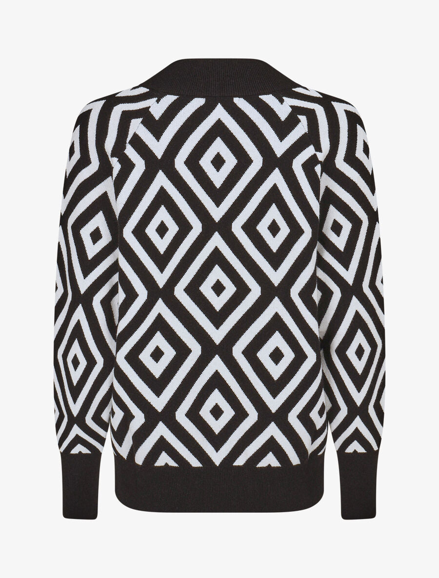 Pull imprimé losanges à col V - Noir - 2