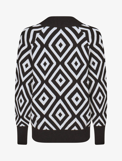 Pull imprimé losanges à col V - Noir - 2
