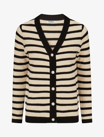 Cardigan boutonné à rayures - Beige - 4