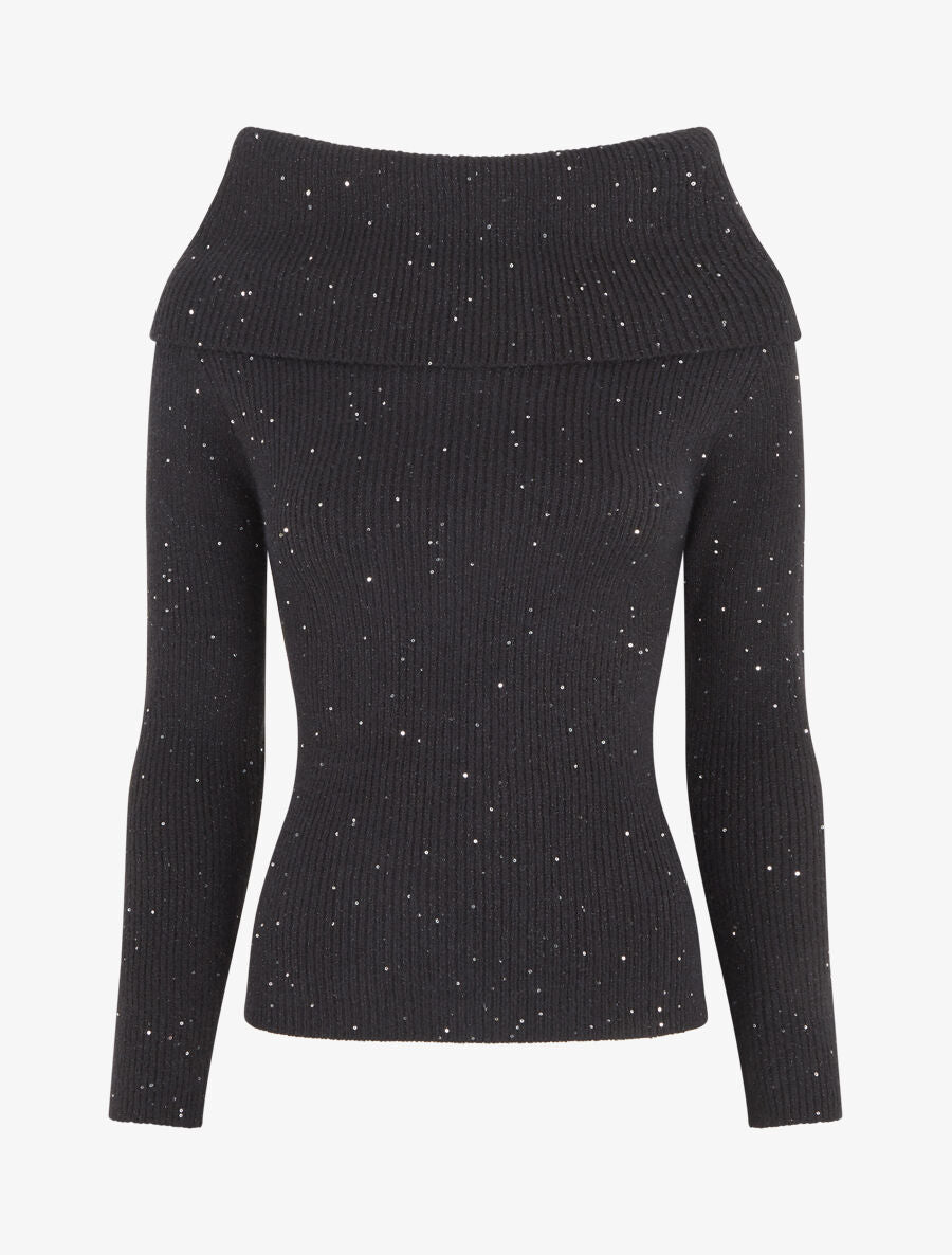 Pull côtélé irisé à col montant - Noir - 1