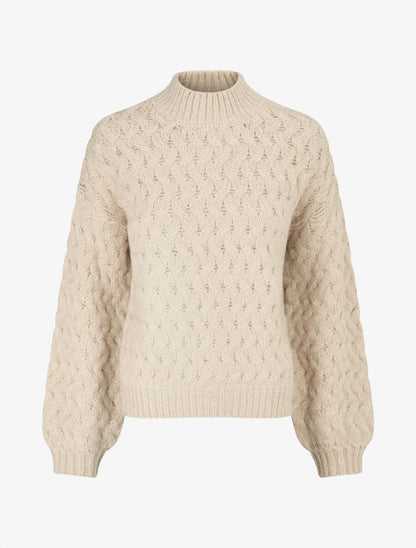 Pull uni en maille à col montant - Beige - 1