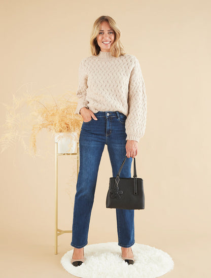 Pull uni en maille à col montant - Beige - 4