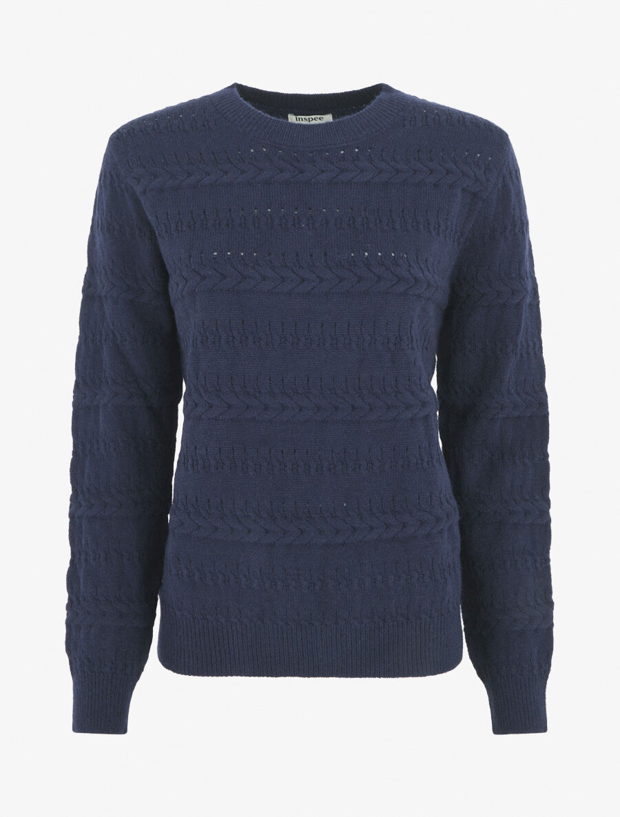 Pull uni en maille à motif tressé - Marine - 4