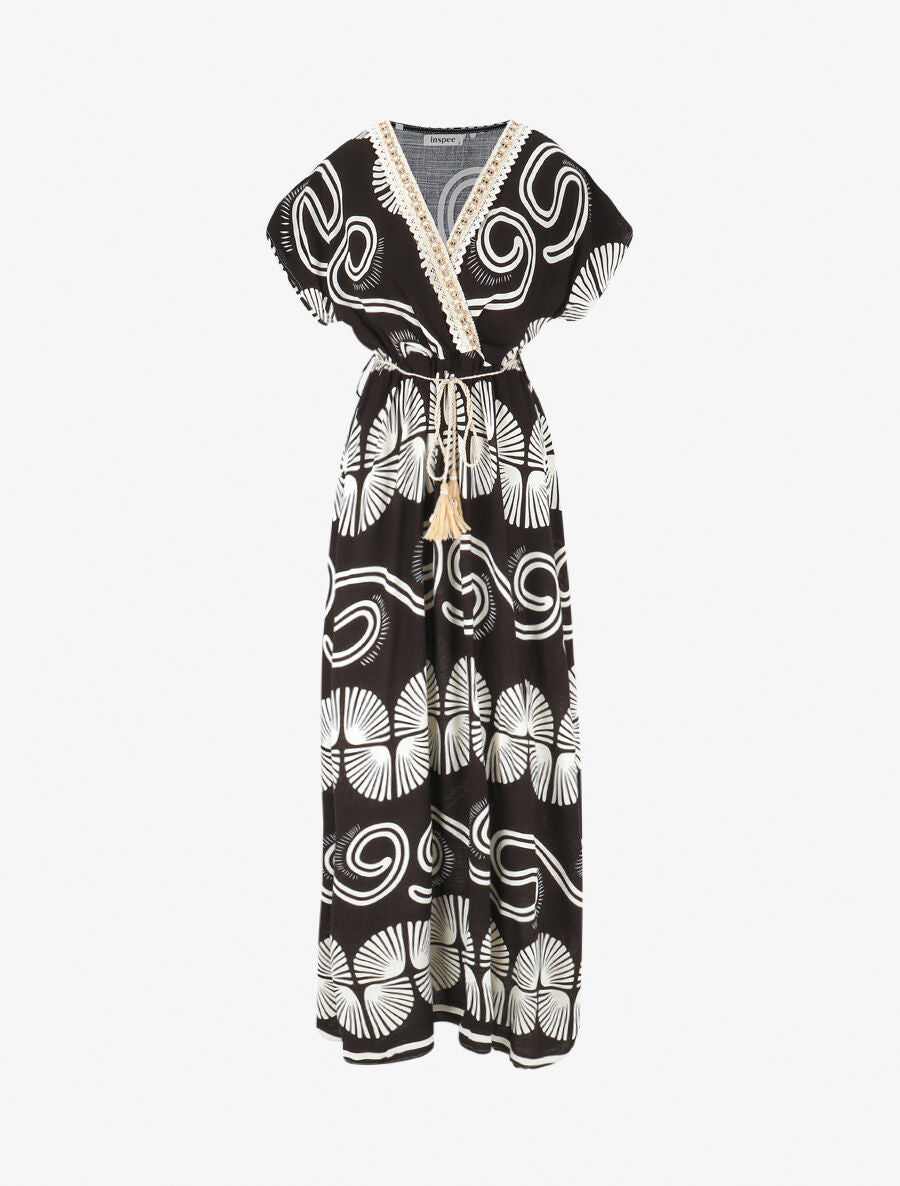 Robe longue à manches courtes imprimé fantaisie - Noir - 1