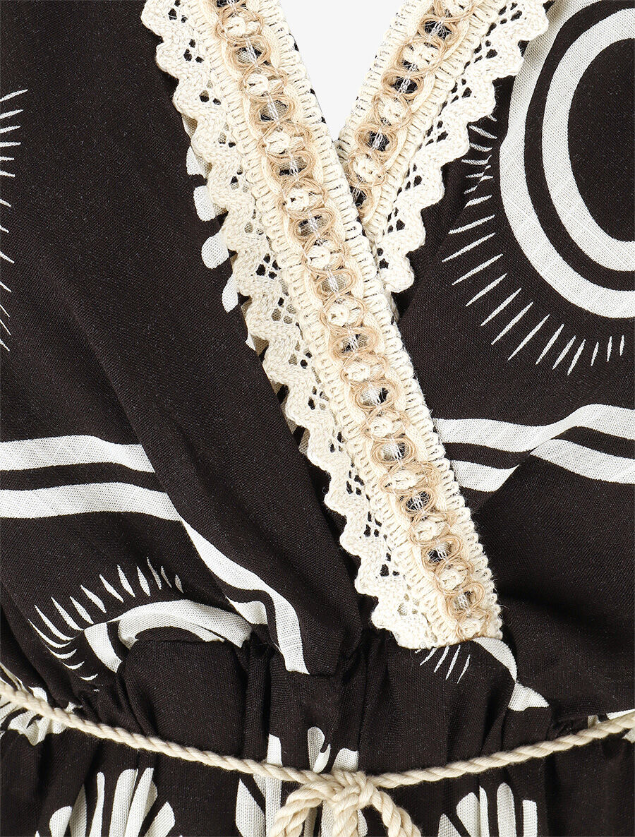 Robe longue à manches courtes imprimé fantaisie - Noir - 3