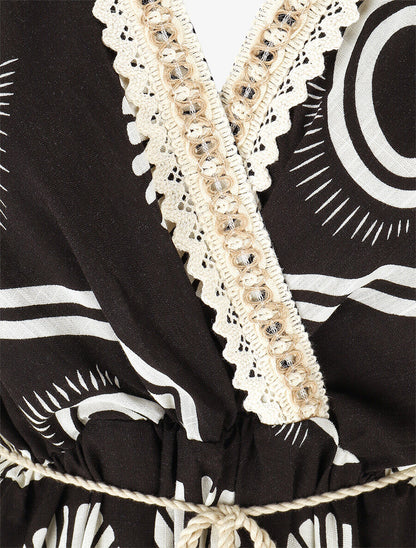 Robe longue à manches courtes imprimé fantaisie - Noir - 3