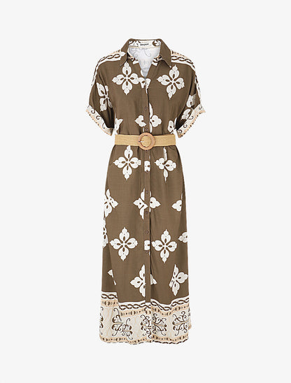 Robe chemise longue manches courtes imprimé floral - Taupe - 1