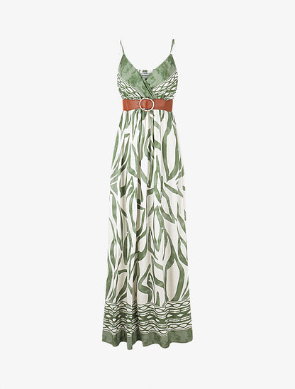 Robe longue imprimé graphique à fines bretelles - Vert - 4