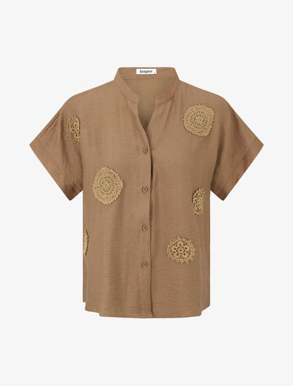 Chemise manches courtes à empiècements en crochet - Marron - 4