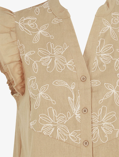 Blouse brodée sans manches à épaules volantées - Beige - 3