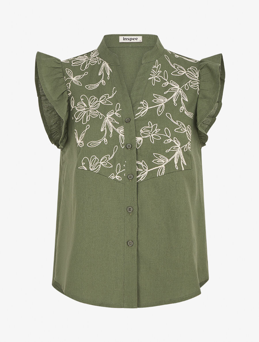 Blouse brodée sans manches à épaules volantées - Kaki - 1