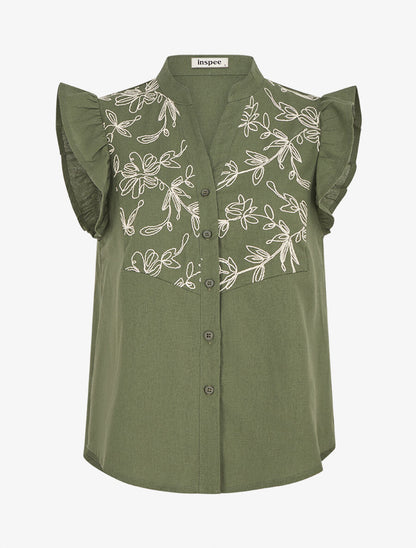 Blouse brodée sans manches à épaules volantées - Kaki - 1