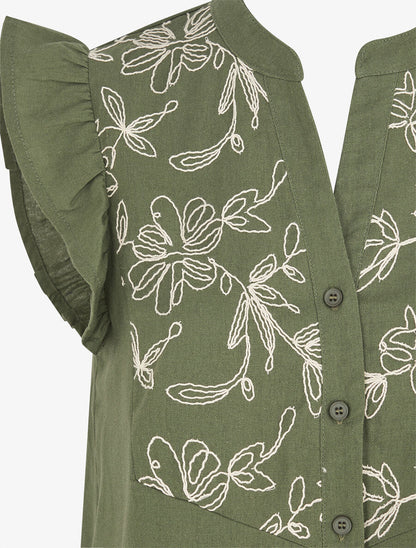 Blouse brodée sans manches à épaules volantées - Kaki - 3