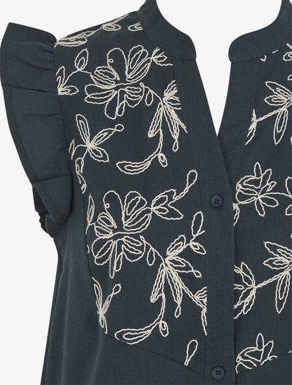 Blouse brodée sans manches à épaules volantées - Bleu pétrole - 3