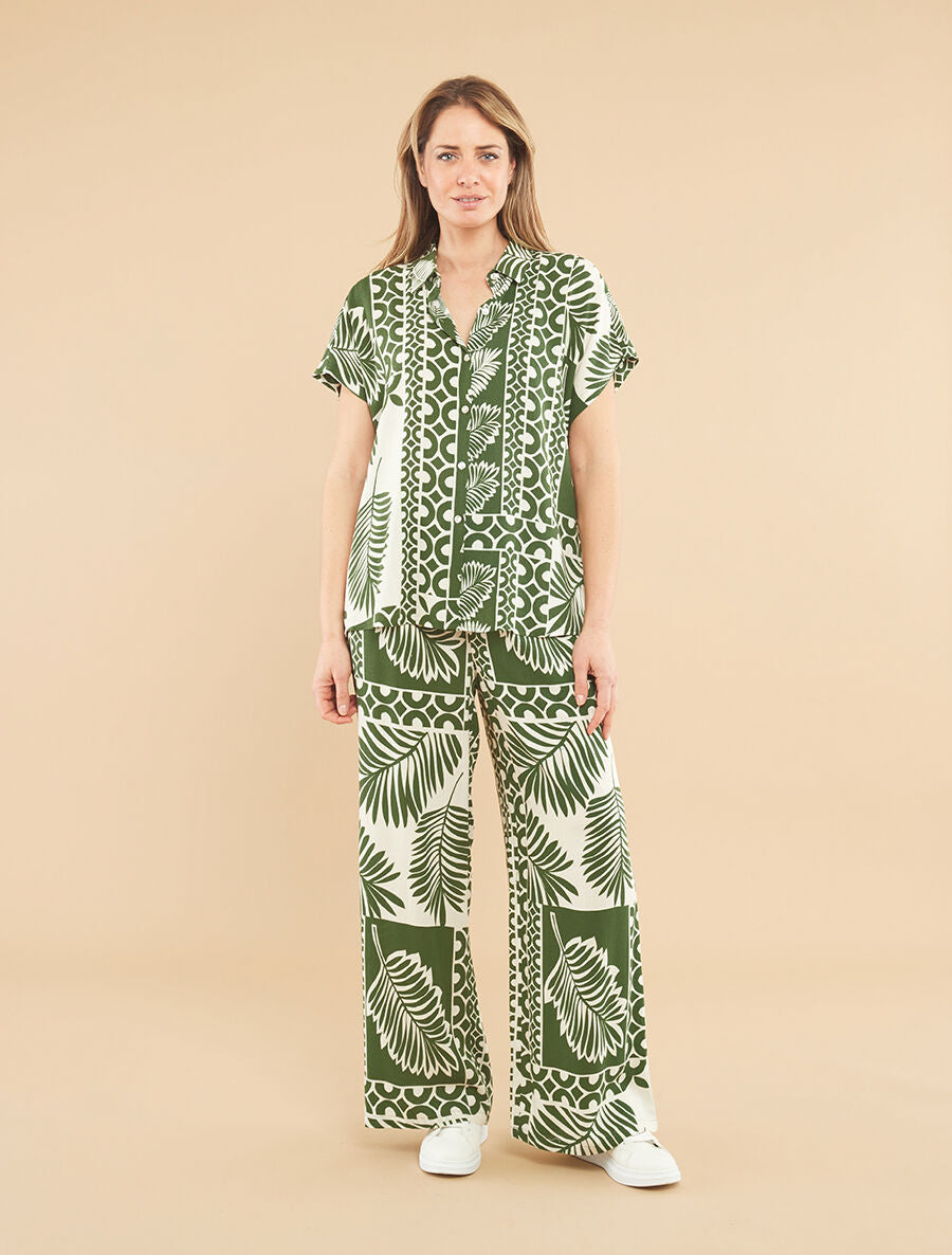 Ensemble chemise et pantalon imprimé tropical - Kaki - 1