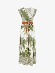 Robe longue à imprimé tropical et mosaïque - Kaki - 1