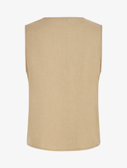 Top brodé sans manches col V à grelots - Beige - 2