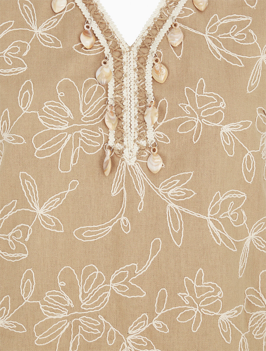 Top brodé sans manches col V à grelots - Beige - 3