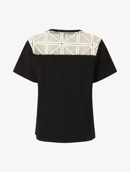 Top en coton à empiècements crochet - Noir - 2