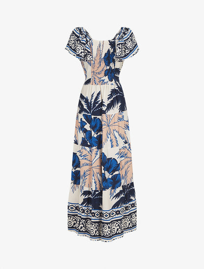 Robe longue imprimé palmier à manches courtes - Marine - 2