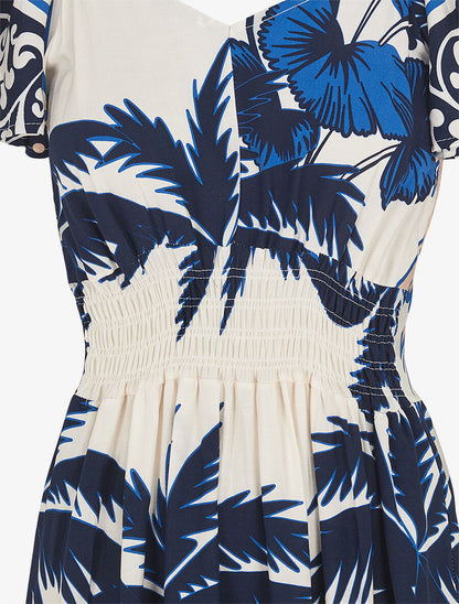 Robe longue imprimé palmier à manches courtes - Marine - 3
