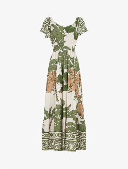 Robe longue imprimé palmier à manches courtes - Kaki - 1