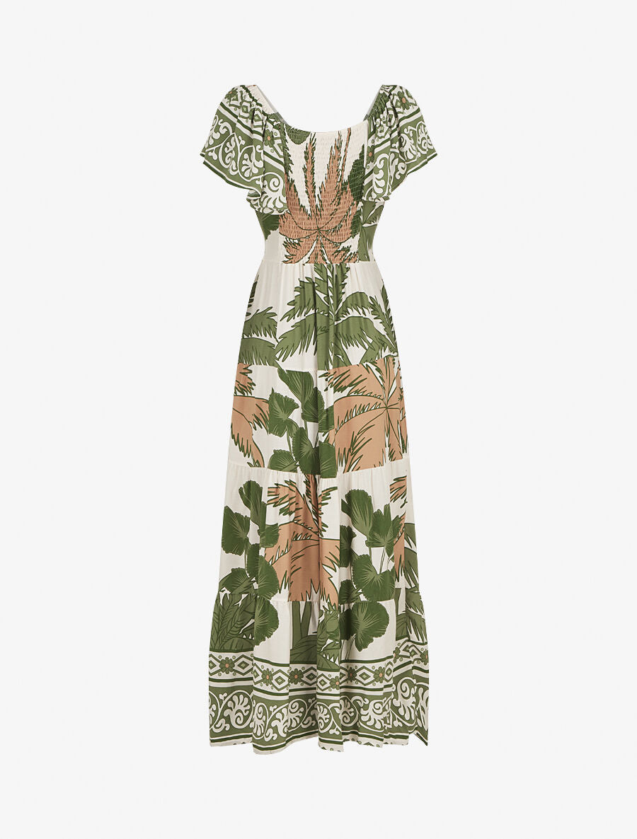 Robe longue imprimé palmier à manches courtes - Kaki - 2