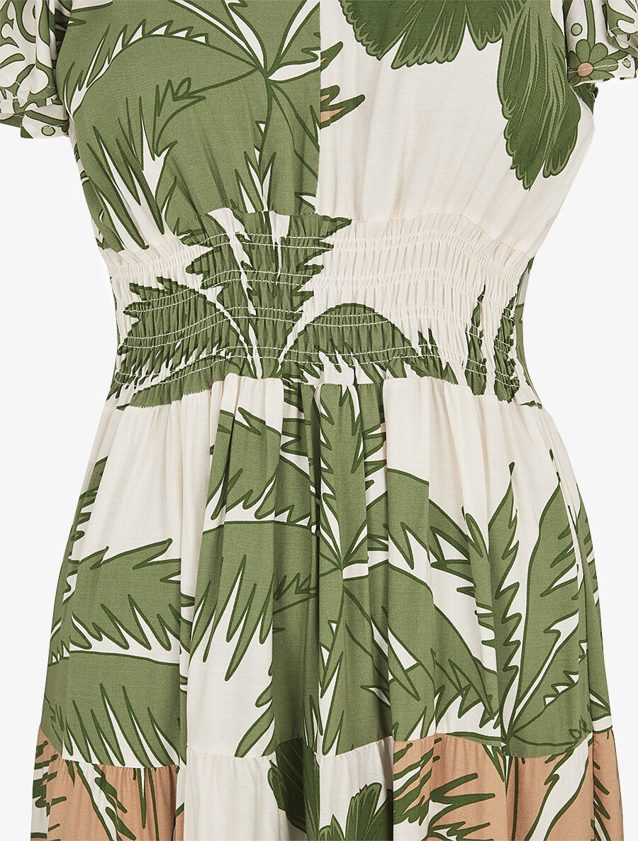 Robe longue imprimé palmier à manches courtes - Kaki - 3