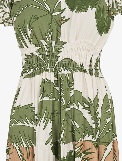 Robe longue imprimé palmier à manches courtes - Kaki - 3