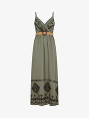 Robe longue à fines bretelles et broderies - Kaki - 4