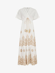 Robe longue empire à manches courtes et broderies - Blanc - 1