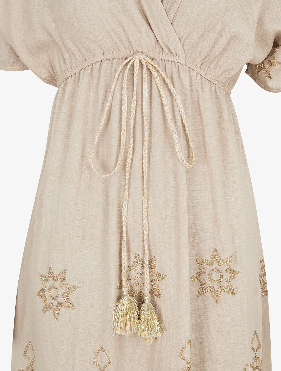 Robe longue empire à manches courtes et broderies - Beige - 3