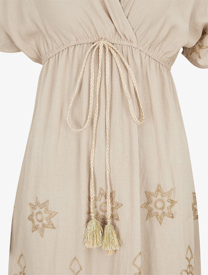 Robe longue empire à manches courtes et broderies - Beige - 3