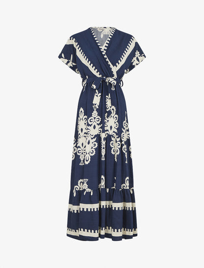 Robe longue manches courtes imprimé fantaisie - Marine - 1