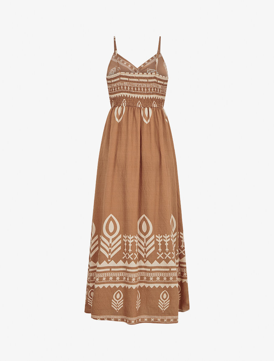 Robe longue à fines bretelles imprimé ethnique - Camel - 2