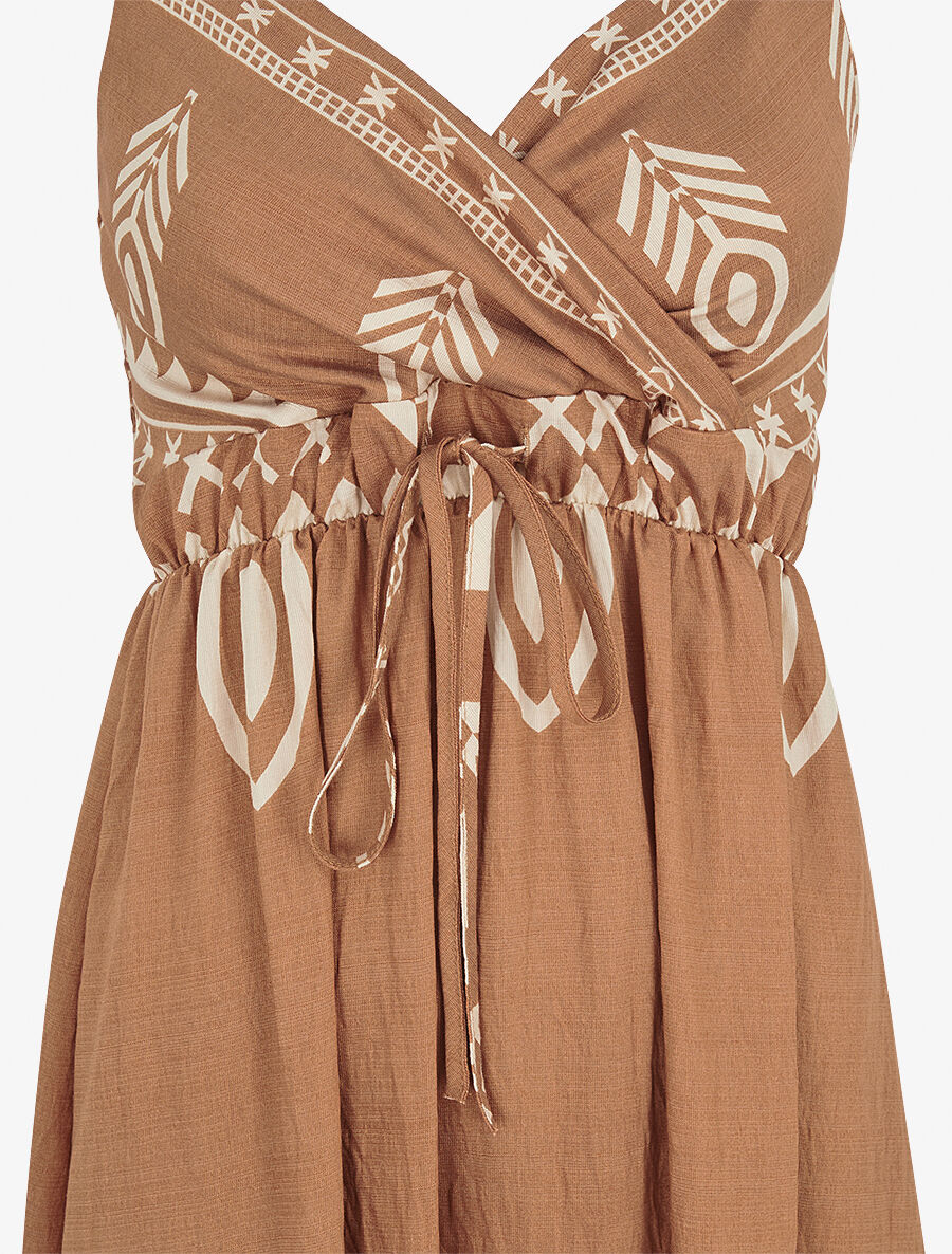 Robe longue à fines bretelles imprimé ethnique - Camel - 3
