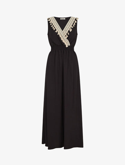 Robe longue sans manches unie col à pompons - Noir - 4