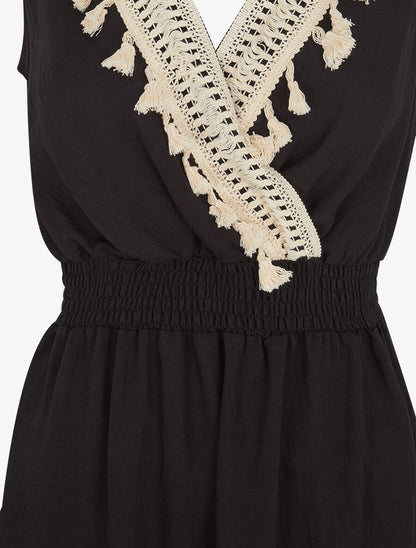 Robe longue sans manches unie col à pompons - Noir - 3