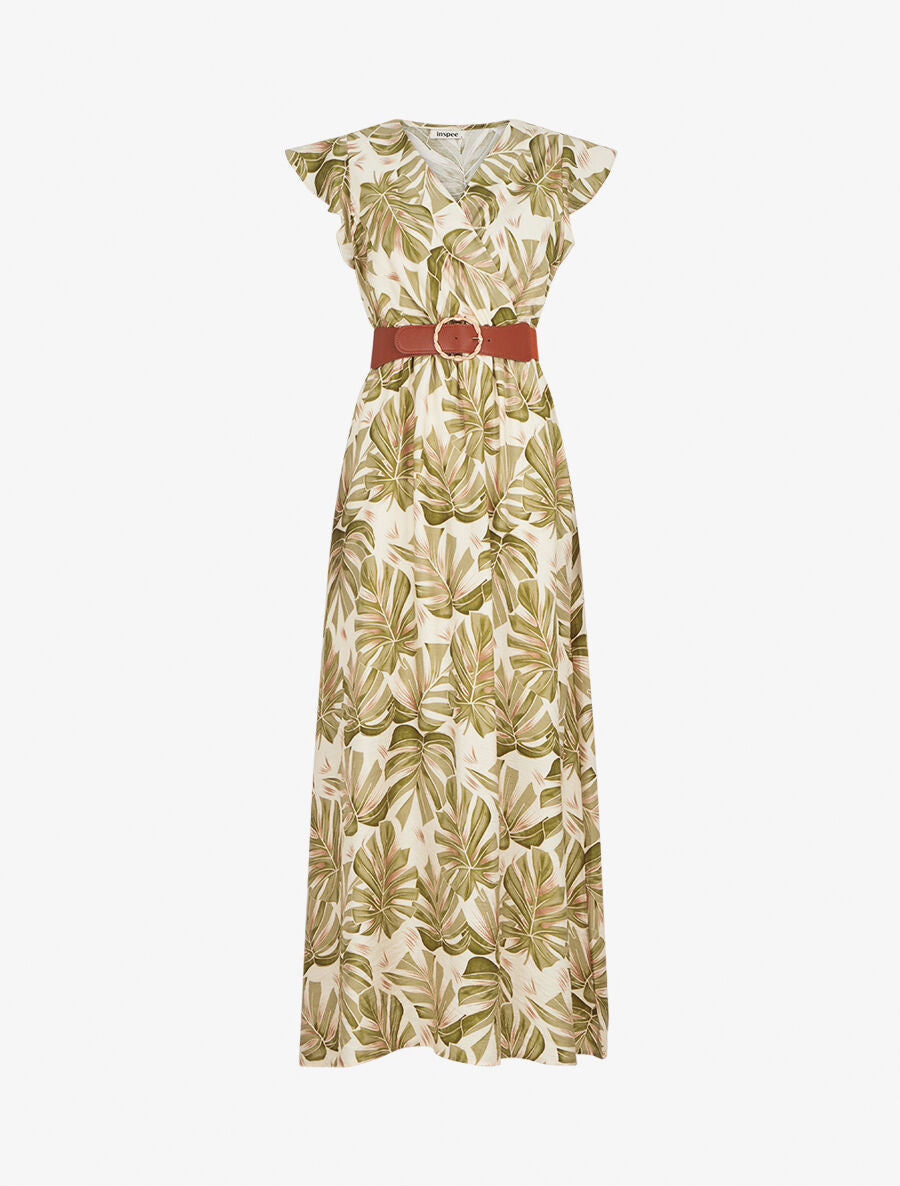 Robe longue évasée imprimé tropical - Kaki - 1
