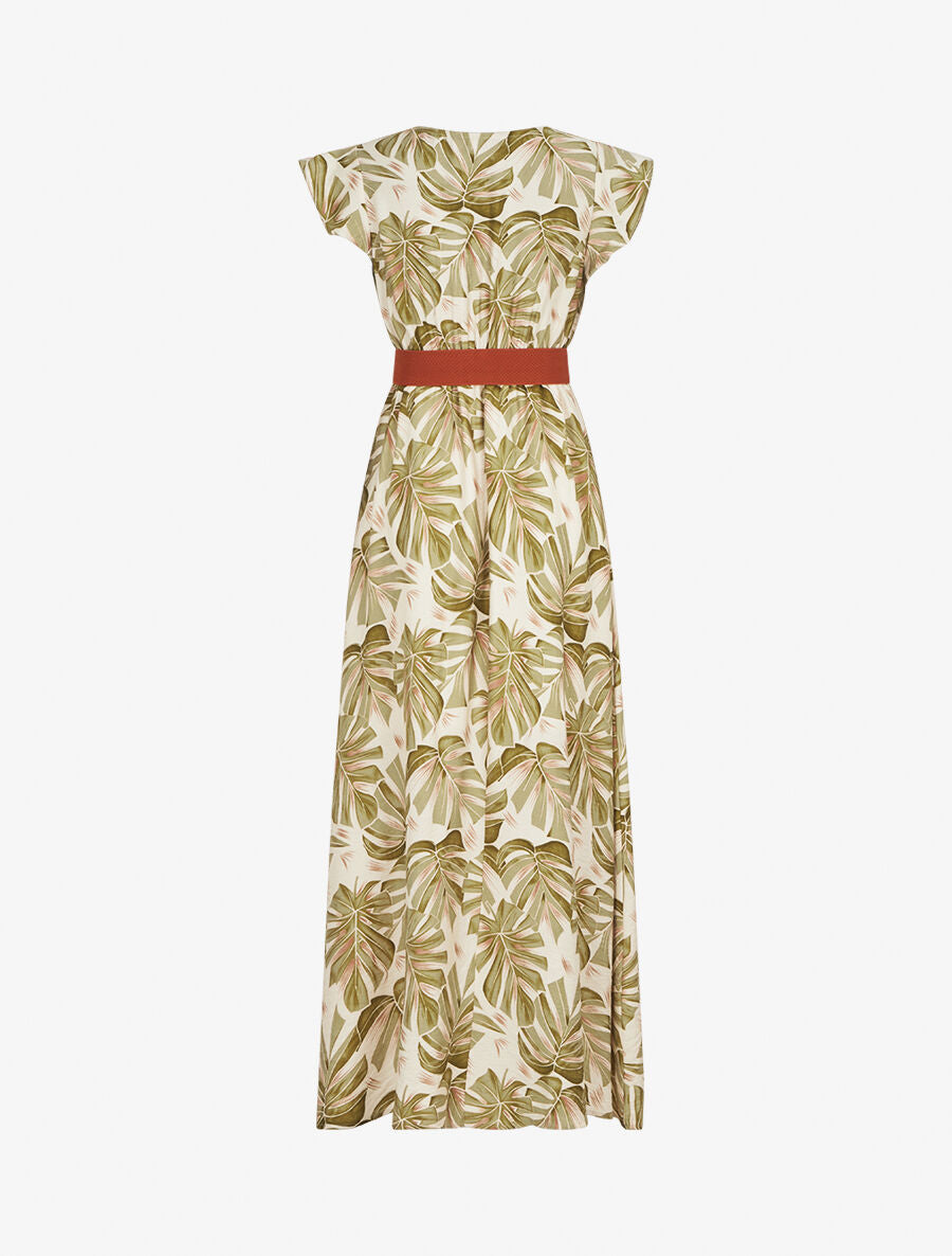 Robe longue évasée imprimé tropical - Kaki - 2