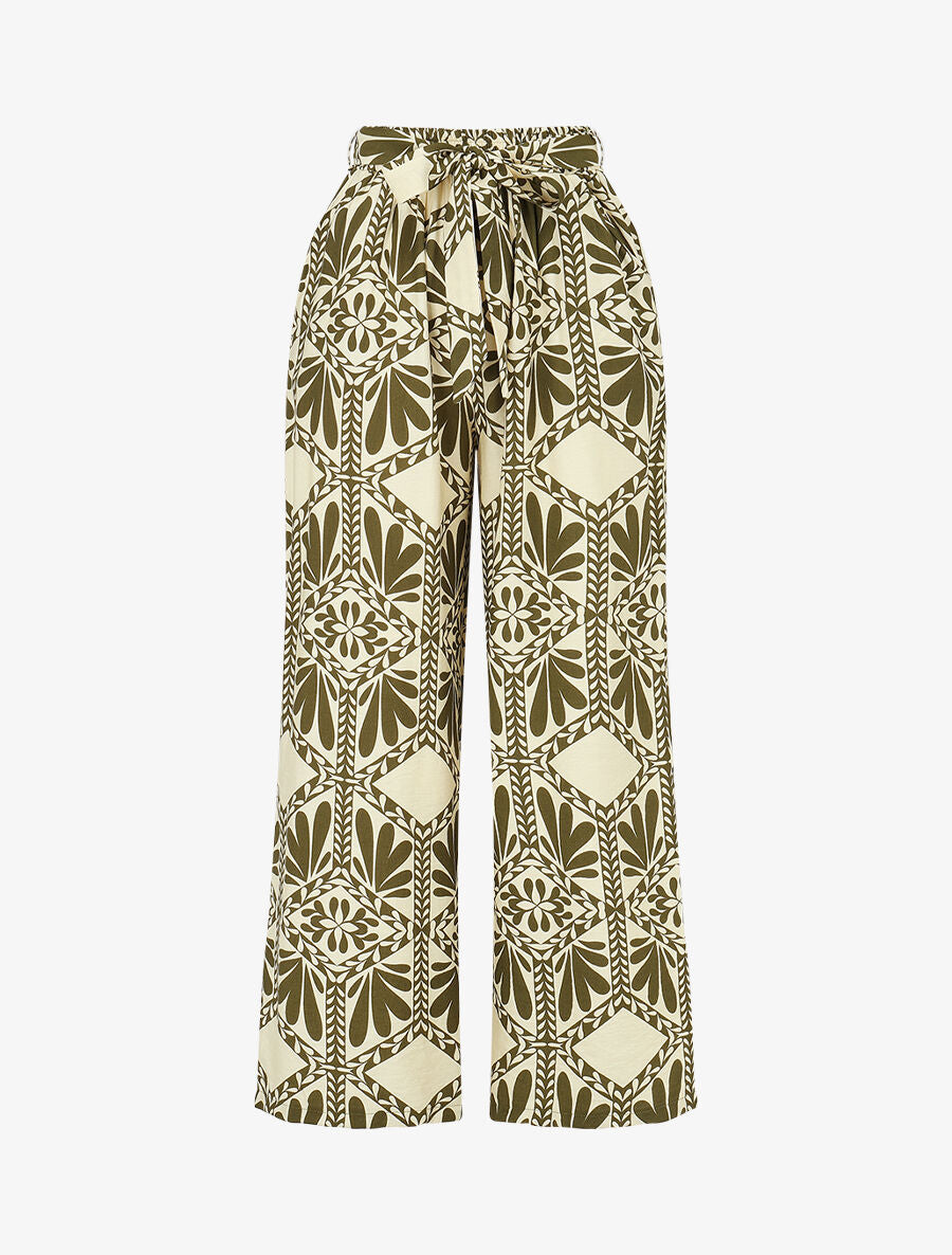 Pantalon imprimé ikat à taille haute élastiquée - Kaki - 4