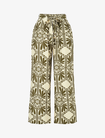 Pantalon imprimé ikat à taille haute élastiquée - Kaki - 4