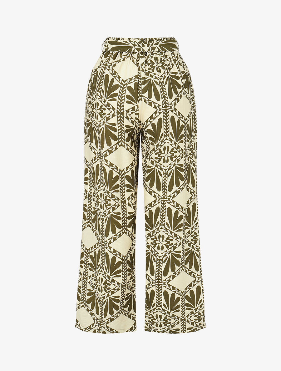Pantalon imprimé ikat à taille haute élastiquée - Kaki - 2