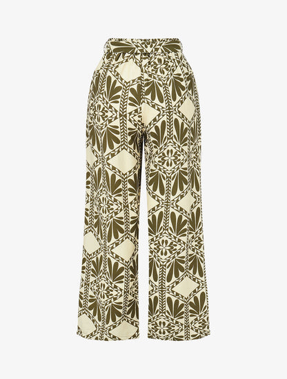 Pantalon imprimé ikat à taille haute élastiquée - Kaki - 2