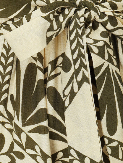 Pantalon imprimé ikat à taille haute élastiquée - Kaki - 3