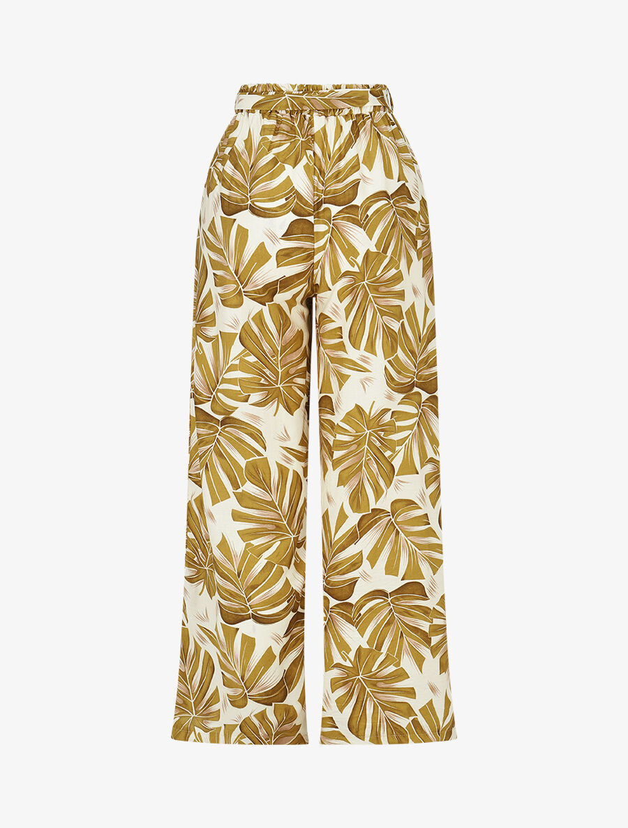 Pantalon imprimé feuilles à taille haute élastiquée - Ocre jaune - 2