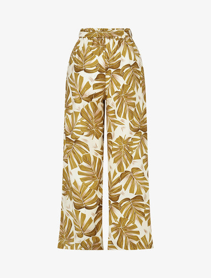Pantalon imprimé feuilles à taille haute élastiquée - Ocre jaune - 2